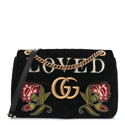 Gucci Velvet Matelasse Loved Embroidered Medium GG Marmont Shoulder Bag Black -FINAL SALE NO RETURNS