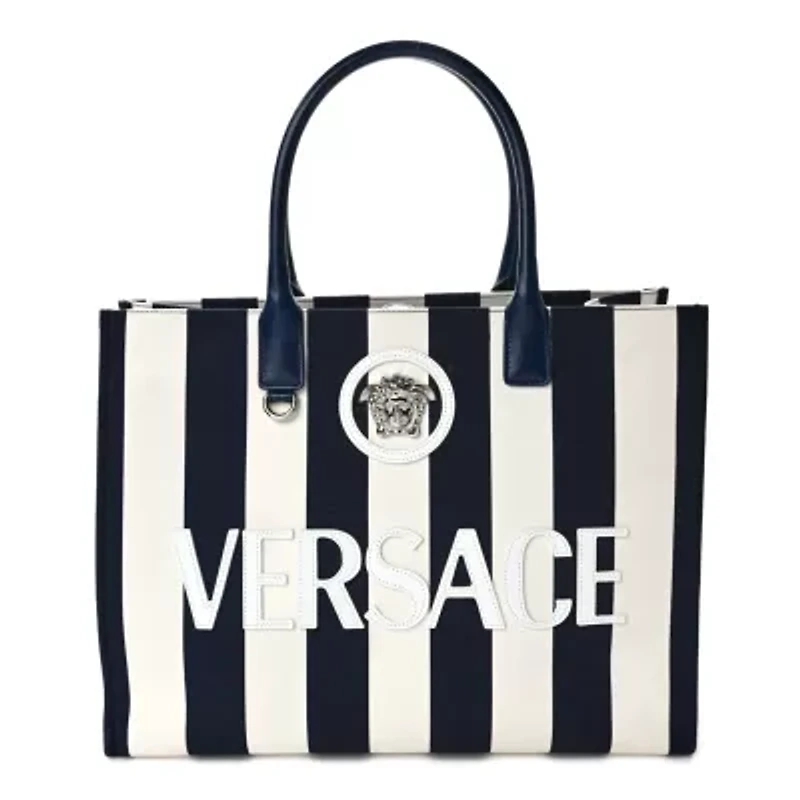 Versace VERSACE Striped Canvas Calfskin La Medusa Tote Bag Navy White -FINAL SALE NO RETURNS