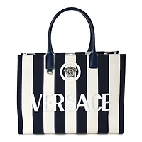 Versace VERSACE Striped Canvas Calfskin La Medusa Tote Bag Navy White -FINAL SALE NO RETURNS