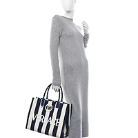 Versace VERSACE Striped Canvas Calfskin La Medusa Tote Bag Navy White -FINAL SALE NO RETURNS