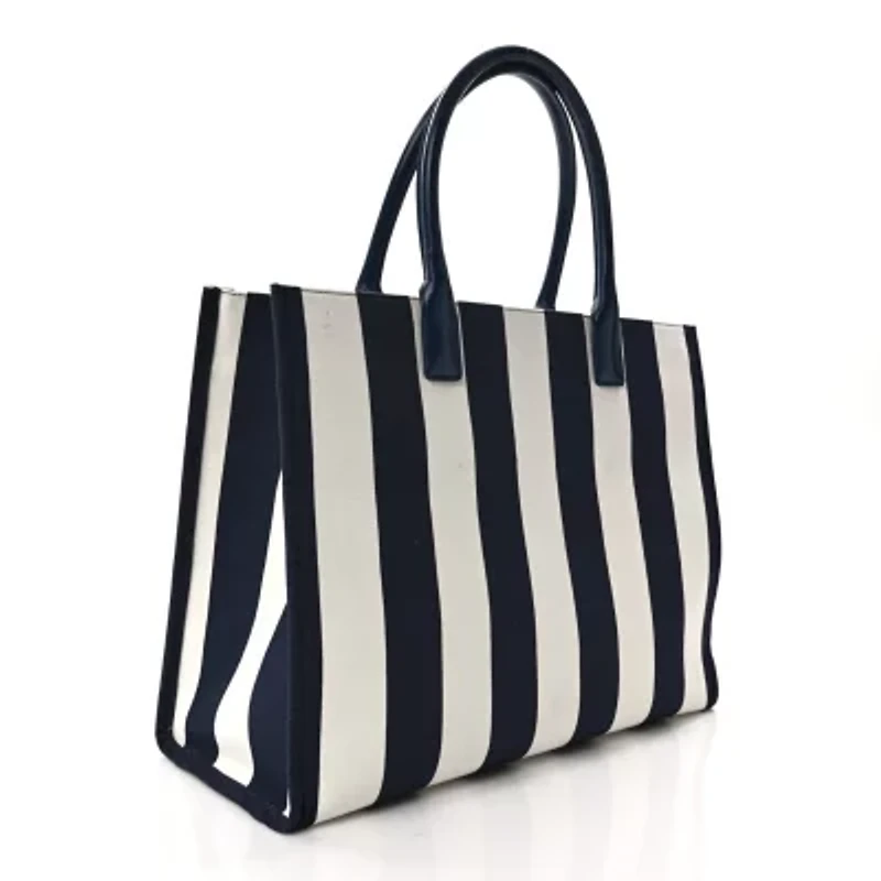 Versace VERSACE Striped Canvas Calfskin La Medusa Tote Bag Navy White -FINAL SALE NO RETURNS