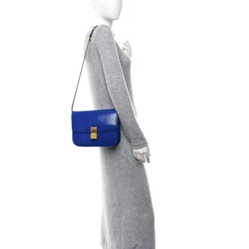 Celine Spazzolato Calfskin Medium Classic Box Flap Bag Blue -FINAL SALE NO RETURNS