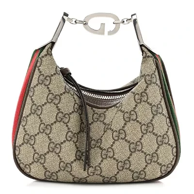 Gucci GG Supreme Monogram Textured Dollar Calfskin Web Mini Attache Bag Beige Ebony New Acero -FINAL SALE NO RETURNS