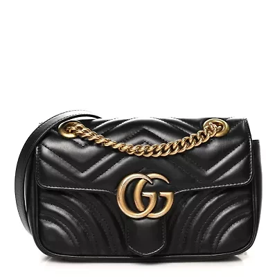 Gucci Calfskin Matelasse Small GG Marmont Shoulder Bag Black -FINAL SALE NO RETURNS
