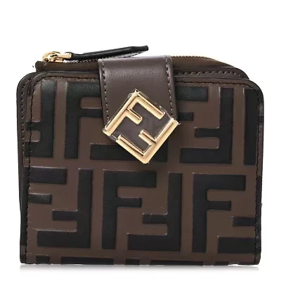 Fendi Vitello Ceylon FF 1974 Embossed Diamonds Compact Wallet Maya Black -FINAL SALE NO RETURNS