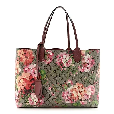 Gucci GG Supreme Monogram Blooms Medium Reversible Tote Beige Multicolor Dry Rose -FINAL SALE NO RETURNS