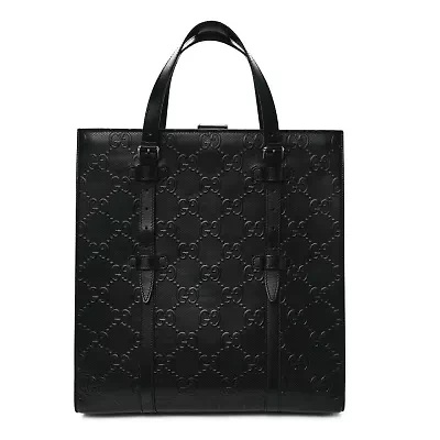Gucci Calfskin GG Tennis Embossed Medium Tote Bag Black -FINAL SALE NO RETURNS