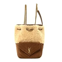 Saint Laurent Shearling Suede Monogram Joe Nano Bucket Bag Dark Cigar Natural Beige -FINAL SALE NO RETURNS
