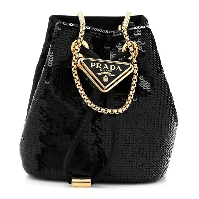 Prada Sequin Satin Triangle Logo Mini Pouch Black -FINAL SALE NO RETURNS