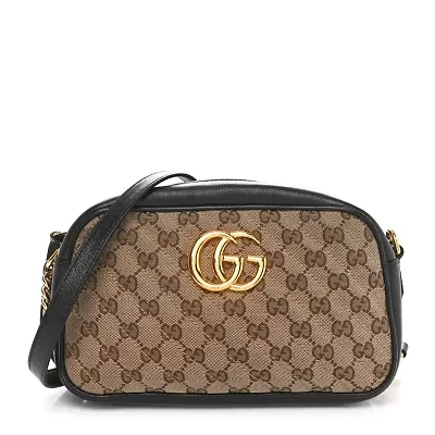 Gucci Monogram Matelasse Diagonal Small GG Marmont Chain Shoulder Bag Beige Black -FINAL SALE NO RETURNS