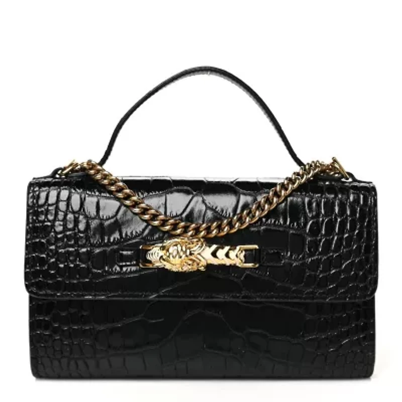 Gucci Crocodile Embossed Dragon Top Handle Shoulder Bag Black -FINAL SALE NO RETURNS