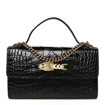 Gucci Crocodile Embossed Dragon Top Handle Shoulder Bag Black -FINAL SALE NO RETURNS