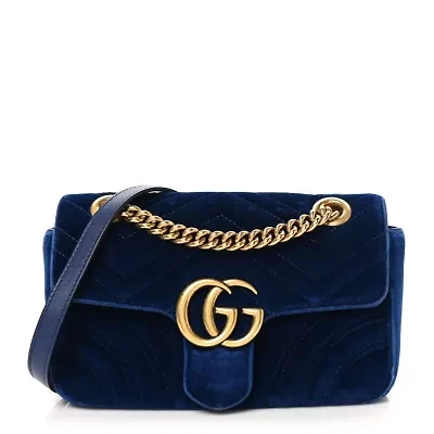 Gucci Velvet Matelasse Medium GG Marmont Shoulder Bag Cobalt Blue -FINAL SALE NO RETURNS
