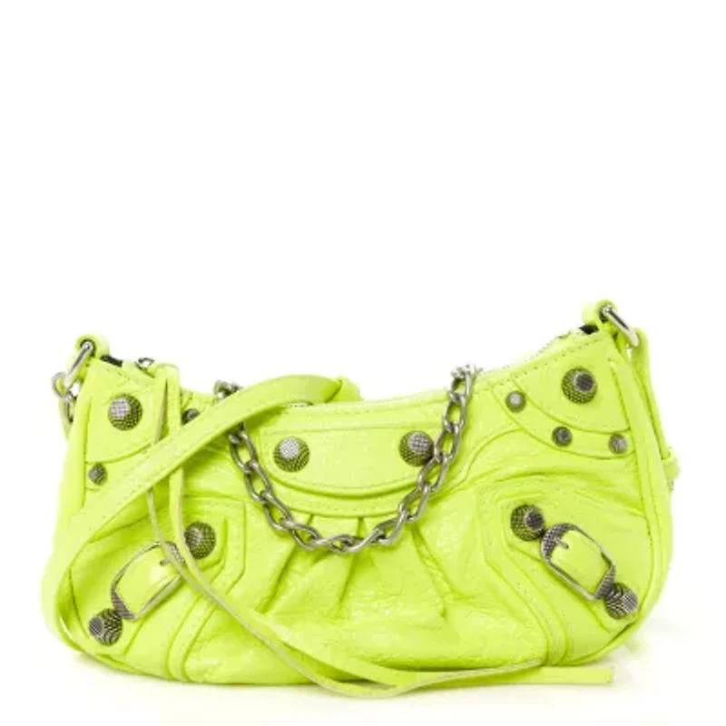 Balenciaga Agneau Arena Le Cagole Mini Purse With Chain Lime -FINAL SALE NO RETURNS