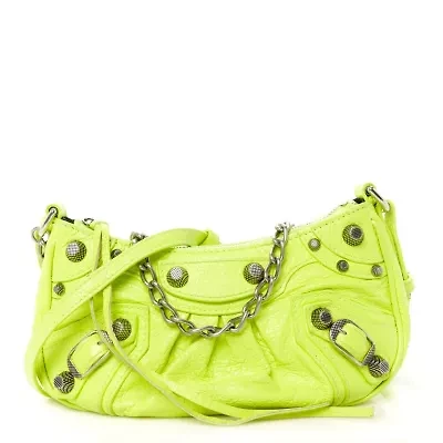 Balenciaga Agneau Arena Le Cagole Mini Purse With Chain Lime -FINAL SALE NO RETURNS