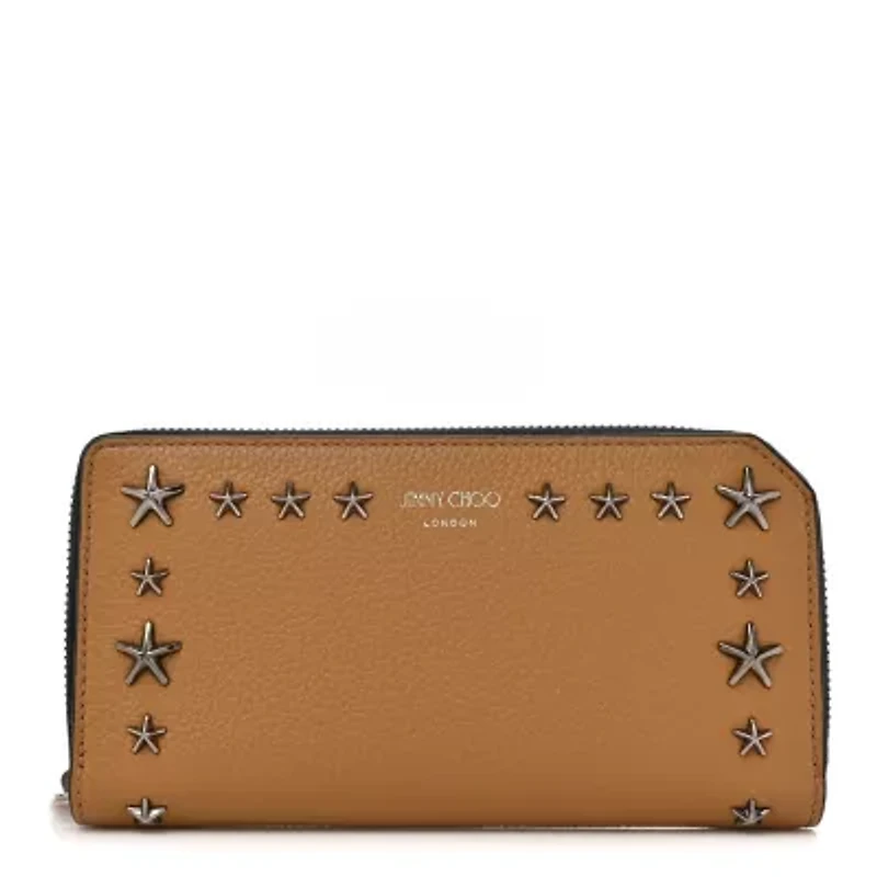 Jimmy Choo Calfskin Star Studded Zip Around Wallet Brown -FINAL SALE NO RETURNS