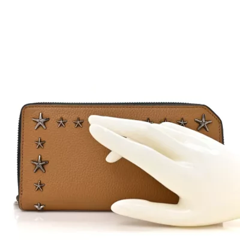 Jimmy Choo Calfskin Star Studded Zip Around Wallet Brown -FINAL SALE NO RETURNS