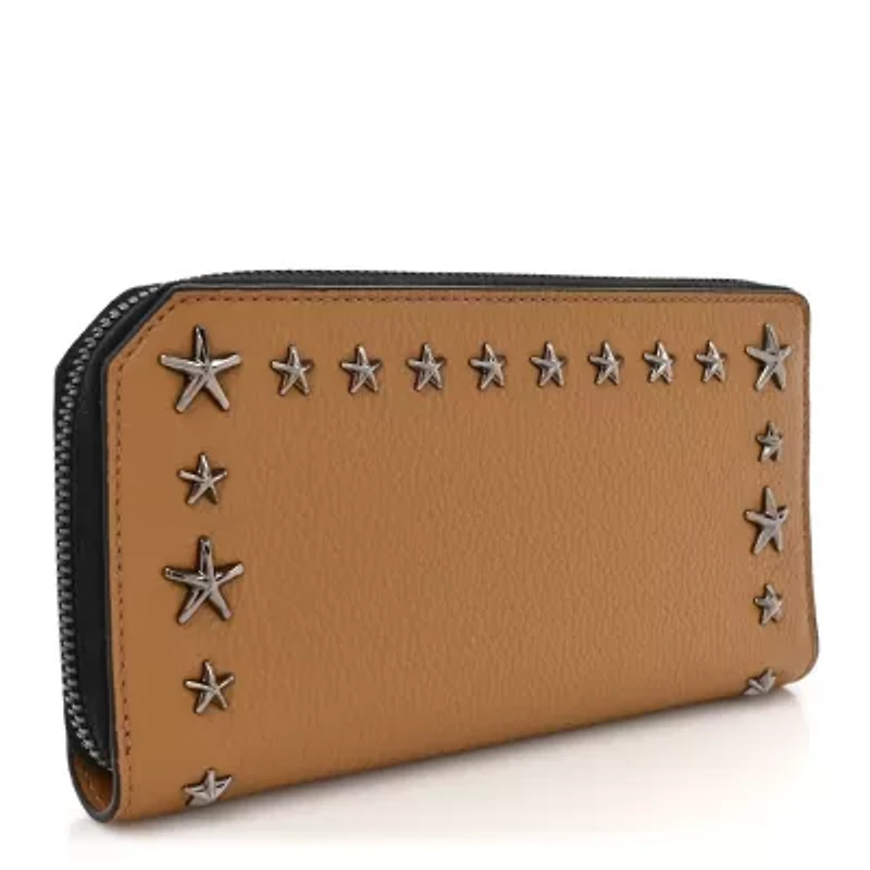 Jimmy Choo Calfskin Star Studded Zip Around Wallet Brown -FINAL SALE NO RETURNS
