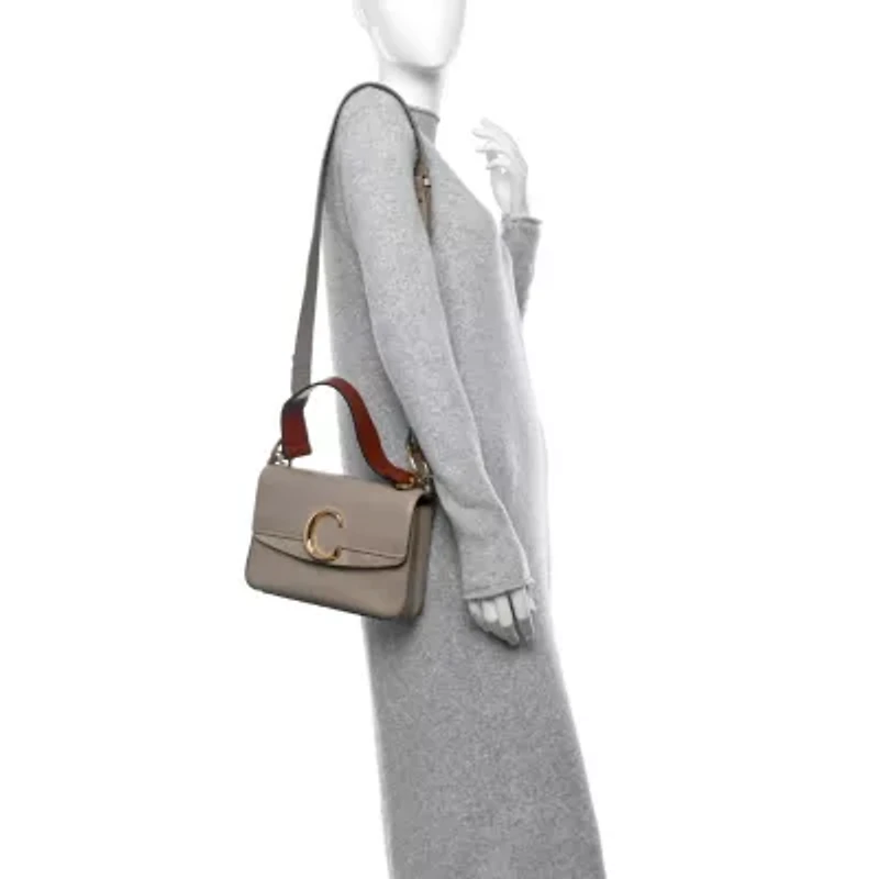Chloe Shiny Calfskin Suede Small C Double Carry Bag Motty Grey -FINAL SALE NO RETURNS