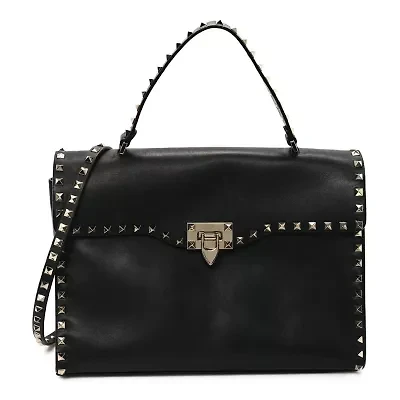 Valentino Garavani Grained Calfskin Rockstud Top Handle Flap Shoulder Bag Black -FINAL SALE NO RETURNS