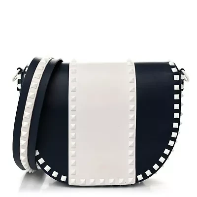 Valentino Garavani Vitello Colorblock Large Free Rockstud Halfmoon Saddle Bag Marine White -FINAL SALE NO RETURNS