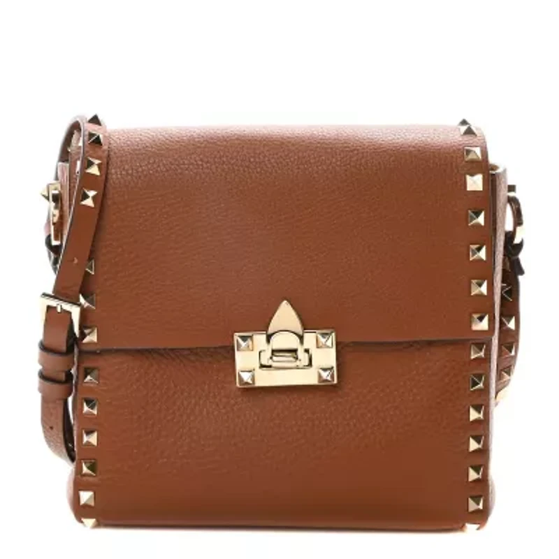 Valentino Garavani Pebbled Calfskin Rockstud Flip Lock Flap Messenger Saddle Brown -FINAL SALE NO RETURNS