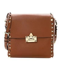 Valentino Garavani Pebbled Calfskin Rockstud Flip Lock Flap Messenger Saddle Brown -FINAL SALE NO RETURNS
