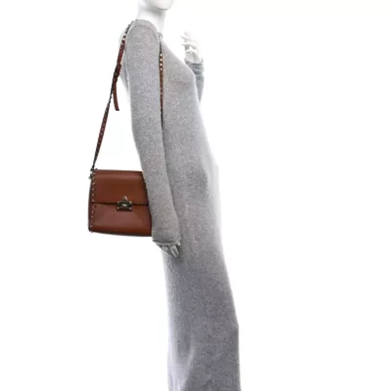 Valentino Garavani Pebbled Calfskin Rockstud Flip Lock Flap Messenger Saddle Brown -FINAL SALE NO RETURNS