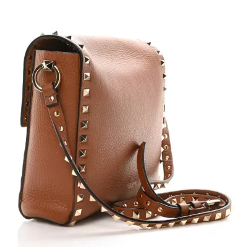 Valentino Garavani Pebbled Calfskin Rockstud Flip Lock Flap Messenger Saddle Brown -FINAL SALE NO RETURNS