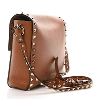 Valentino Garavani Pebbled Calfskin Rockstud Flip Lock Flap Messenger Saddle Brown -FINAL SALE NO RETURNS