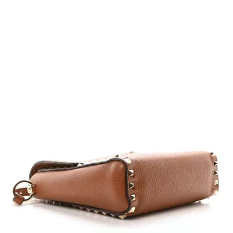 Valentino Garavani Pebbled Calfskin Rockstud Flip Lock Flap Messenger Saddle Brown -FINAL SALE NO RETURNS
