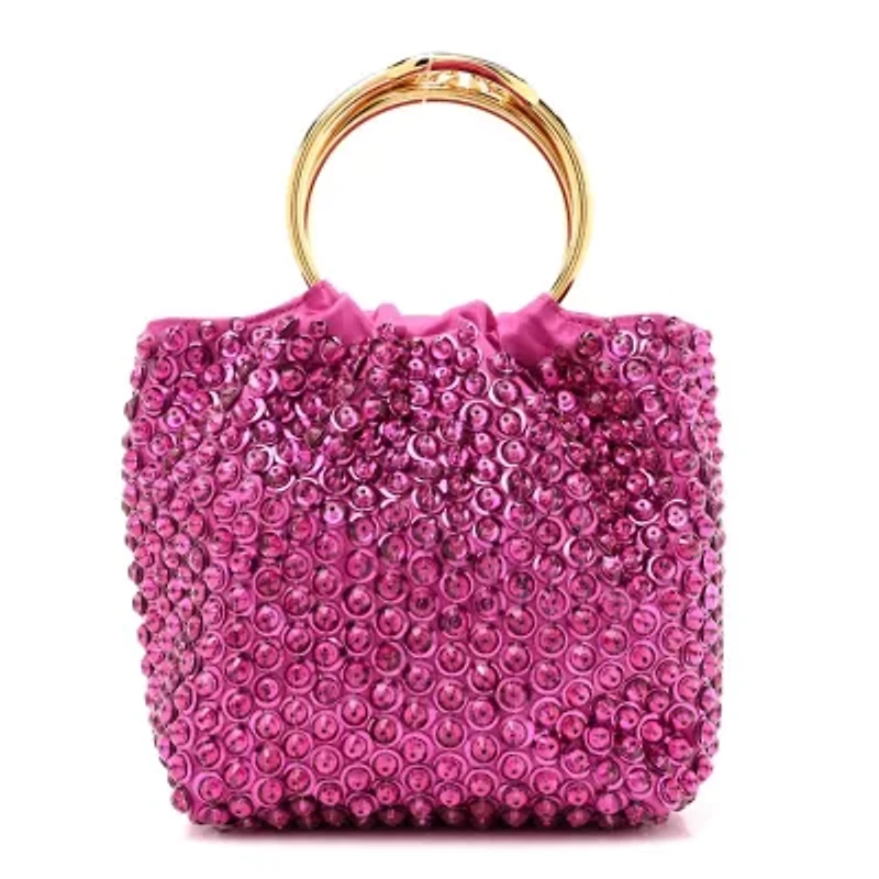 Valentino Garavani Satin Rhinestone Embellished Small Carry Secrets Bucket Bag Pink -FINAL SALE NO RETURNS