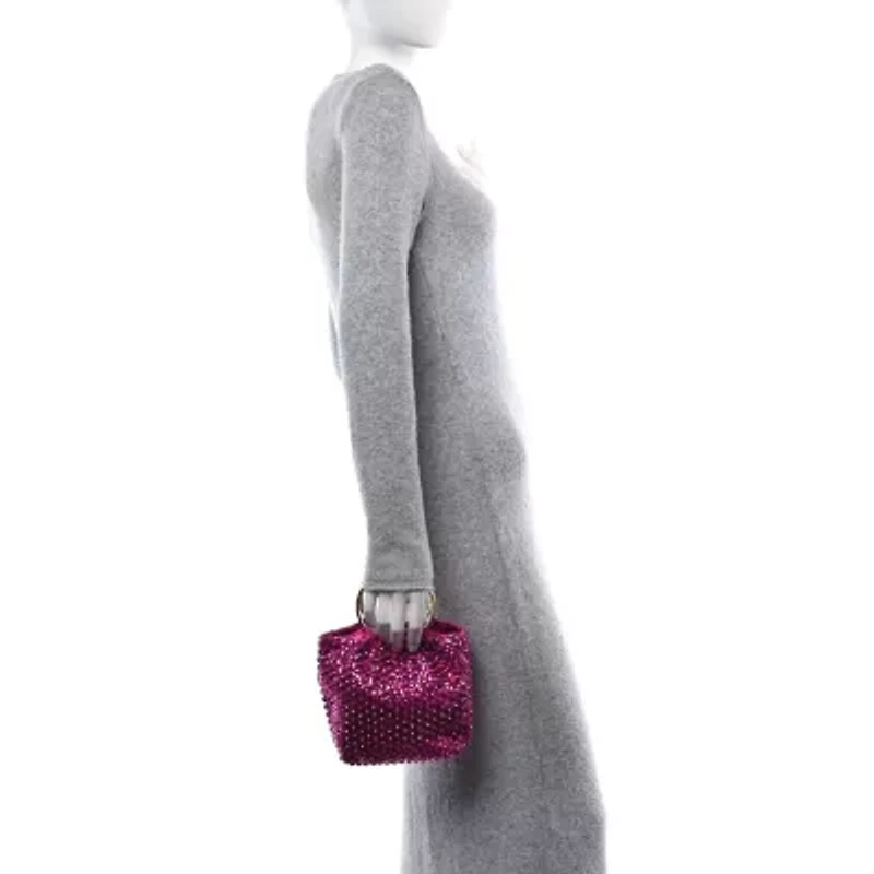 Valentino Garavani Satin Rhinestone Embellished Small Carry Secrets Bucket Bag Pink -FINAL SALE NO RETURNS