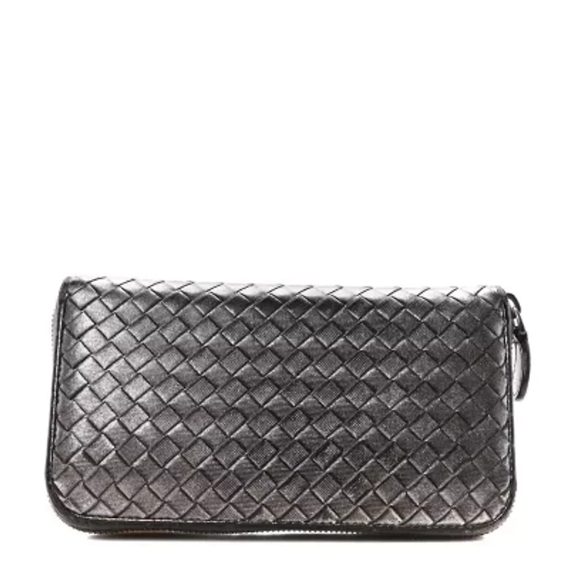 Bottega Veneta Metallic Grosgrain Intrecciato Zip Around Wallet Pewter -FINAL SALE NO RETURNS