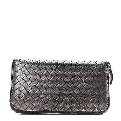 Bottega Veneta Metallic Grosgrain Intrecciato Zip Around Wallet Pewter -FINAL SALE NO RETURNS