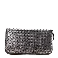 Bottega Veneta Metallic Grosgrain Intrecciato Zip Around Wallet Pewter -FINAL SALE NO RETURNS