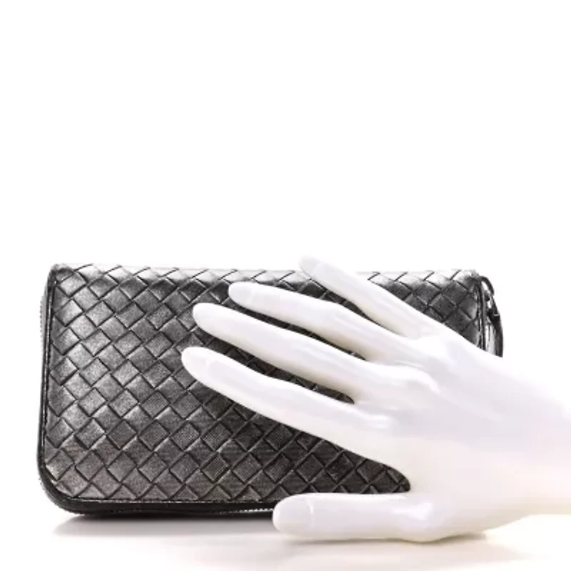 Bottega Veneta Metallic Grosgrain Intrecciato Zip Around Wallet Pewter -FINAL SALE NO RETURNS