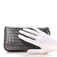 Bottega Veneta Metallic Grosgrain Intrecciato Zip Around Wallet Pewter -FINAL SALE NO RETURNS