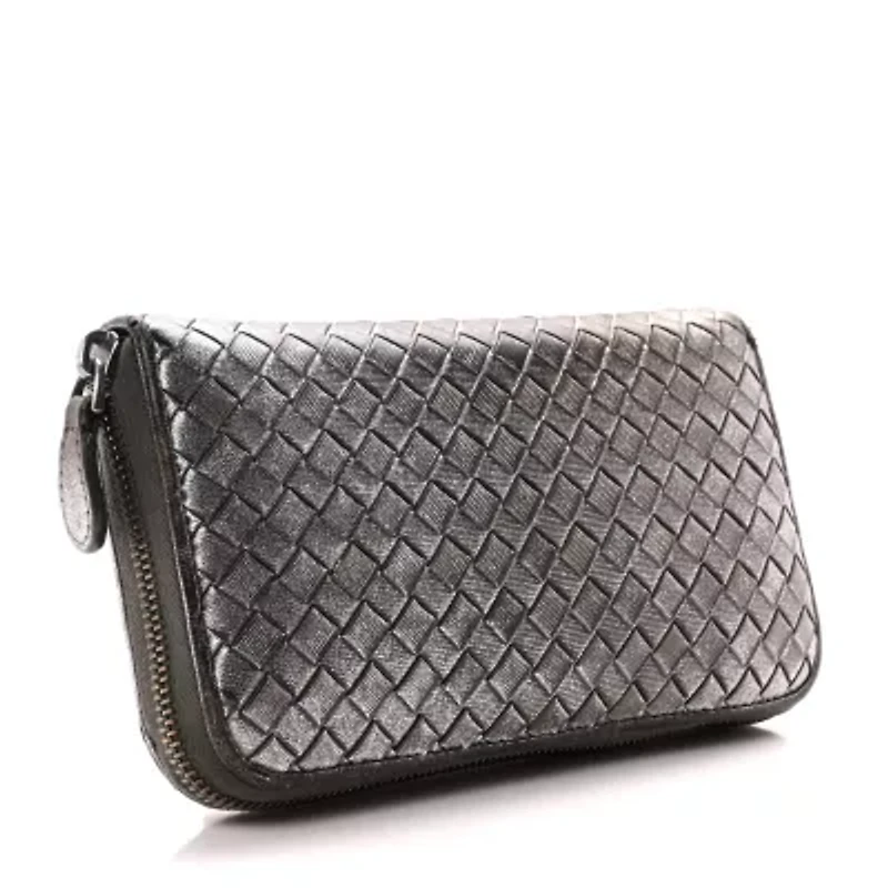 Bottega Veneta Metallic Grosgrain Intrecciato Zip Around Wallet Pewter -FINAL SALE NO RETURNS