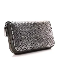 Bottega Veneta Metallic Grosgrain Intrecciato Zip Around Wallet Pewter -FINAL SALE NO RETURNS