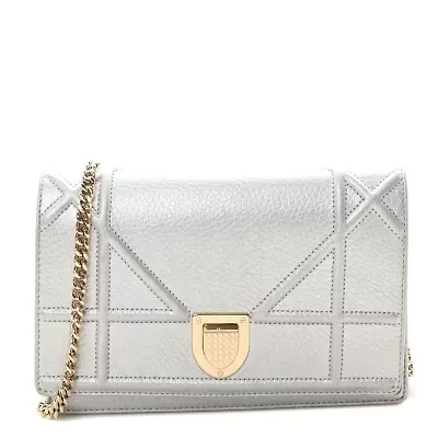 Dior Metallic Grained Calfskin Diorama Wallet on Chain Pouch Silver -FINAL SALE NO RETURNS