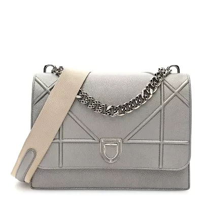 Dior Metallic Grained Calfskin Diorama Satchel Silver -FINAL SALE NO RETURNS
