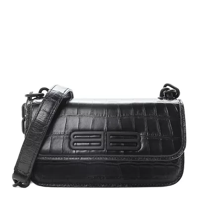 Balenciaga Shiny Super Supple Calfskin Crocodile Embossed Medium XX Flap Bag Black -FINAL SALE NO RETURNS