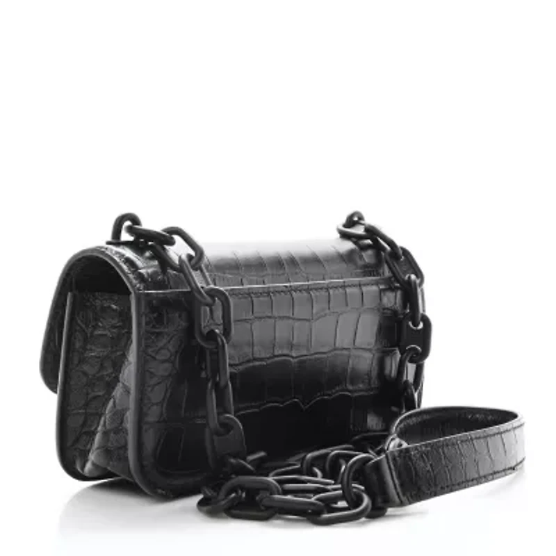 Balenciaga Shiny Super Supple Calfskin Crocodile Embossed Medium XX Flap Bag Black -FINAL SALE NO RETURNS