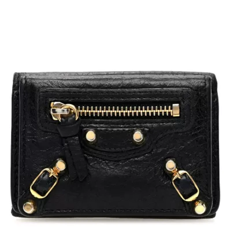 Balenciaga Agneau Arena Classic Gold Hardware Mini Wallet Black -FINAL SALE NO RETURNS