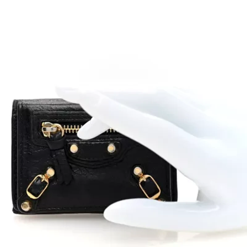 Balenciaga Agneau Arena Classic Gold Hardware Mini Wallet Black -FINAL SALE NO RETURNS