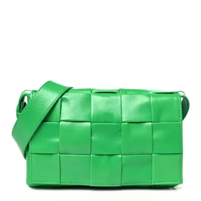Bottega Veneta Paper Calfskin Maxi Intreccio Small Cassette Crossbody Bag Grass -FINAL SALE NO RETURNS