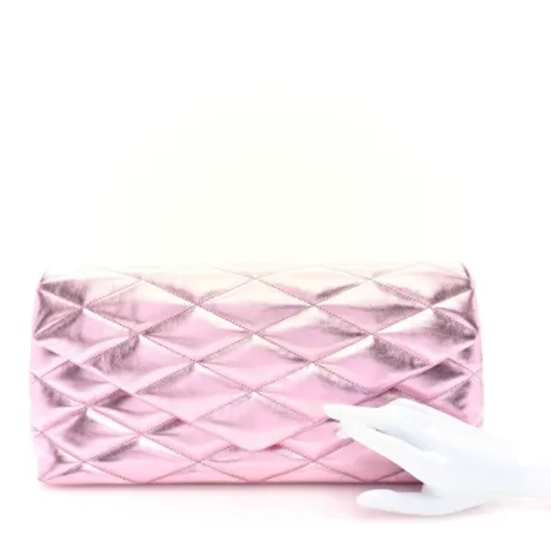 Saint Laurent Metallic Lambskin Quilted Sade Puffer Envelope New Azalea -FINAL SALE NO RETURNS