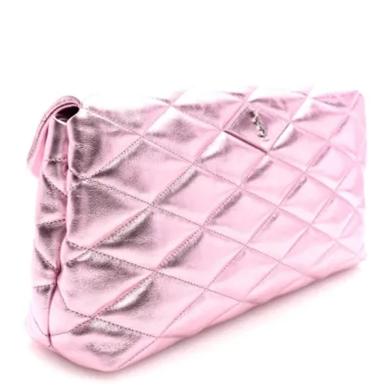 Saint Laurent Metallic Lambskin Quilted Sade Puffer Envelope New Azalea -FINAL SALE NO RETURNS