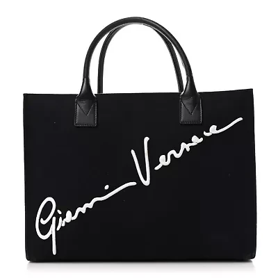 Versace Canvas Suppler Calfskin Cabas GV Signature Tote Black -FINAL SALE NO RETURNS